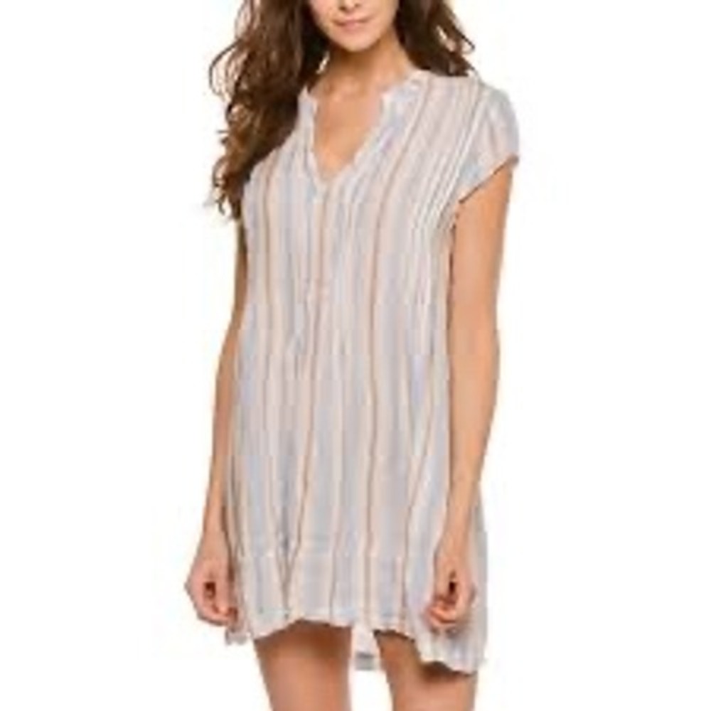 CP Shades Womens Small 100% Linen Striped‎ Pintuck Tunic Top Pink Brown USA Made